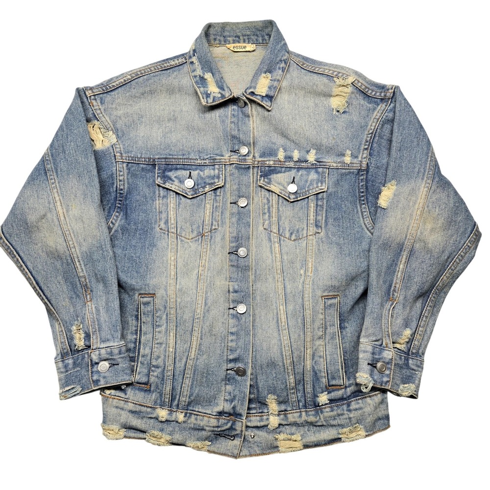 Essue Jacket Womens Small Blue Distressed Denim Graphic I'm Watching You Grunge